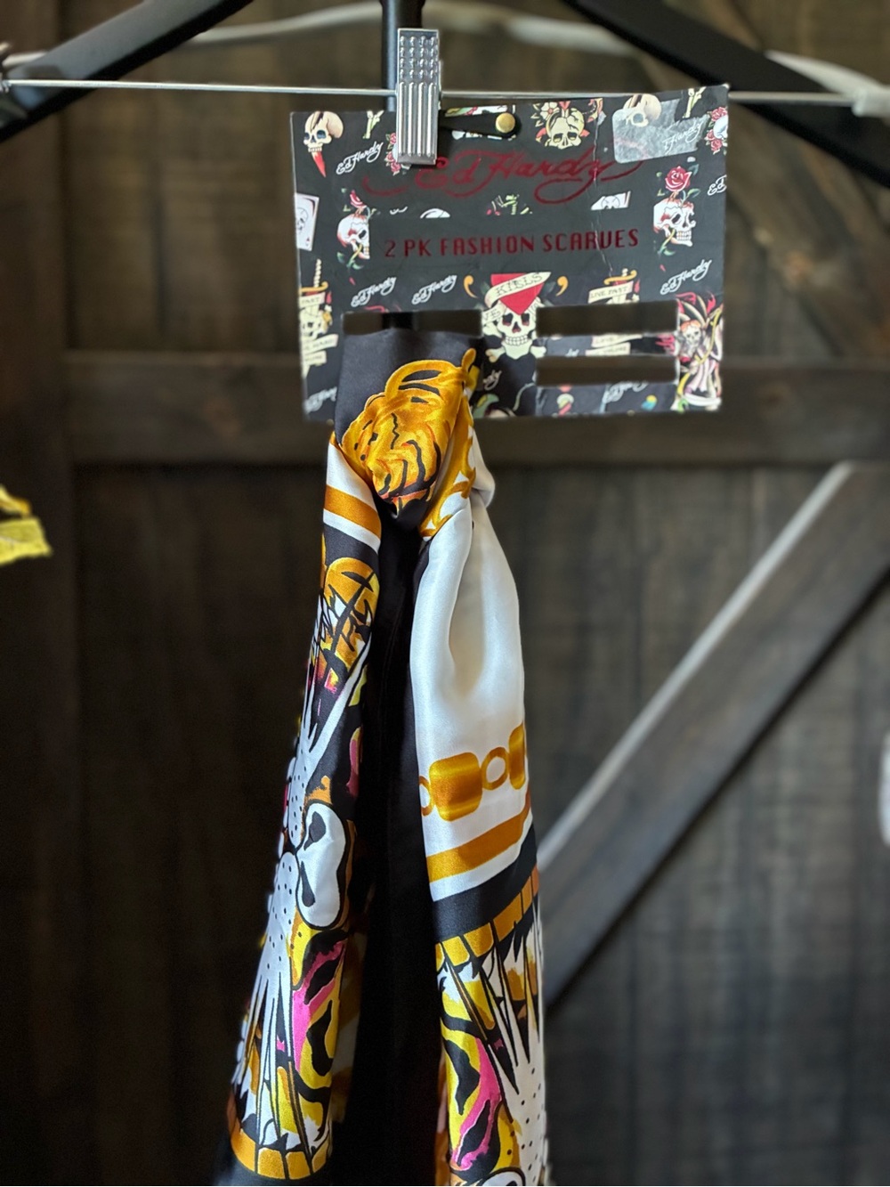 Ed Hardy  Hair Scarves - Black, White & Gold Print